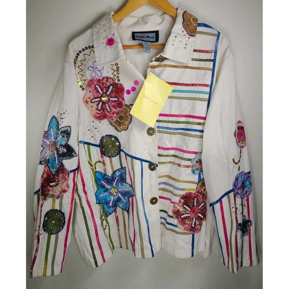 indigo moon Jackets & Blazers - Vtg Indigo Moon Jacket Size 2X Floral Embroidered Appliqué Beaded Cotton NWT